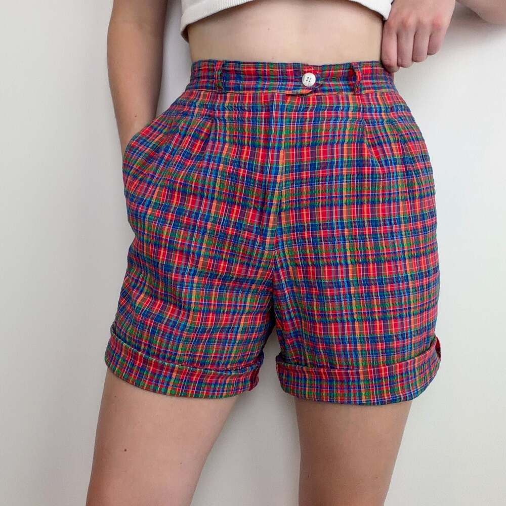 Vintage Multi-Color Plaid High-Waisted Pleated Shorts